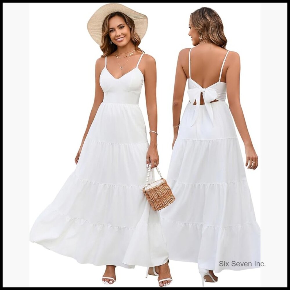 Polyester Elastane Maxi Sundress V Neck Backless … - image 1